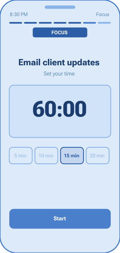 Unwind screen — email client updates, set your break time